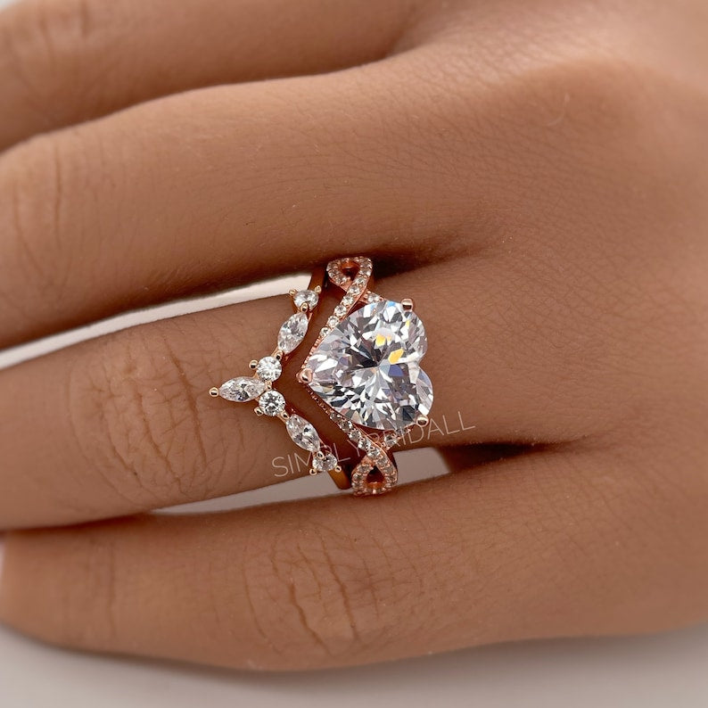 3 Ring Set 3.00ct Heart Engagement Ring Set, Infinity Heart Ring with Fitted Chevron Band , Heart Diamond Ring Set, Wedding Ring Set