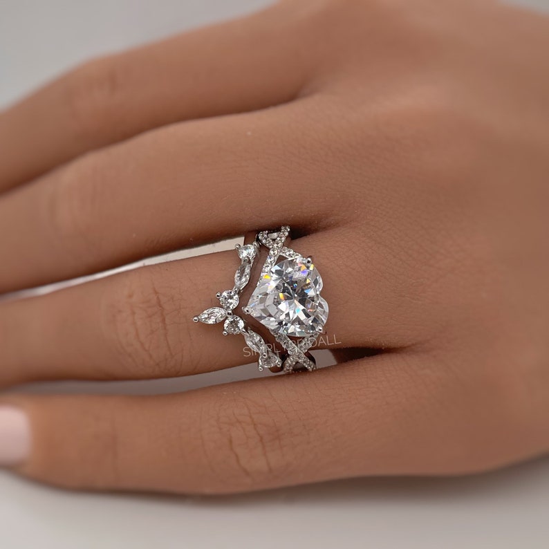 3.00ct Heart Moissanite Engagement Ring Set, Infinity Heart Ring with Fitted Chevron Band, Wedding Ring Set, Genuine Heart Moissanite