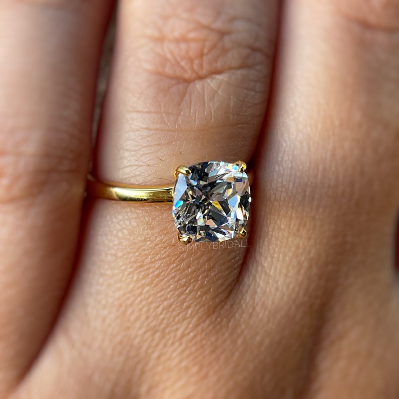 3.00ct Cushion Cut Moissanite Engagement Ring, Cushion Cut Moissanite, Solitaire Ring, Sterling Silver with Vermeil