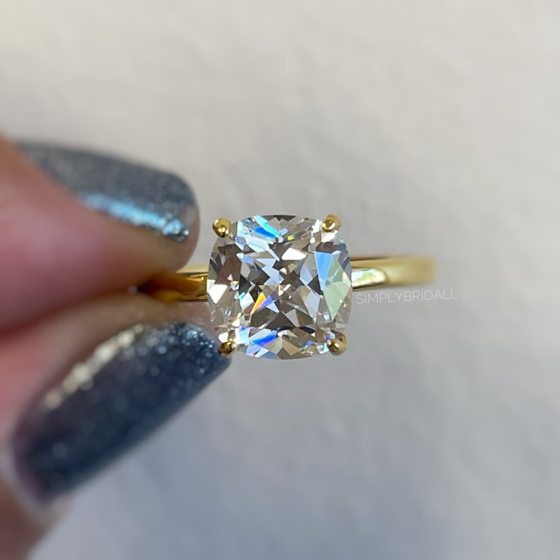 3.00ct Cushion Cut Moissanite Engagement Ring, Cushion Cut Moissanite, Solitaire Ring, Sterling Silver with Vermeil