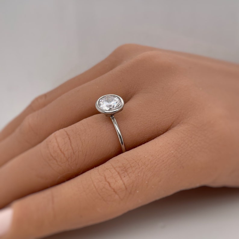 2.00ct Bezel Engagement Ring, Round Bezel Simulate Diamond Engagement Ring, Sterling Silver, Proposal Ring, Bridal Ring, Bezel Set Ring