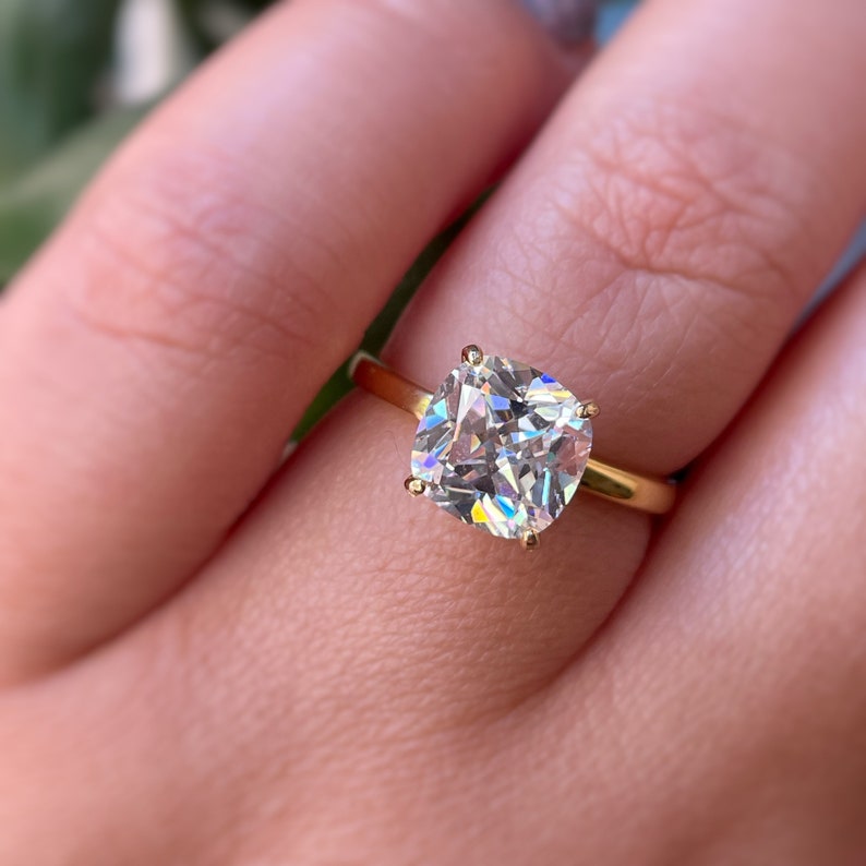 3.00ct Cushion Cut Moissanite Engagement Ring, Cushion Cut Moissanite, Solitaire Ring, Sterling Silver with Vermeil