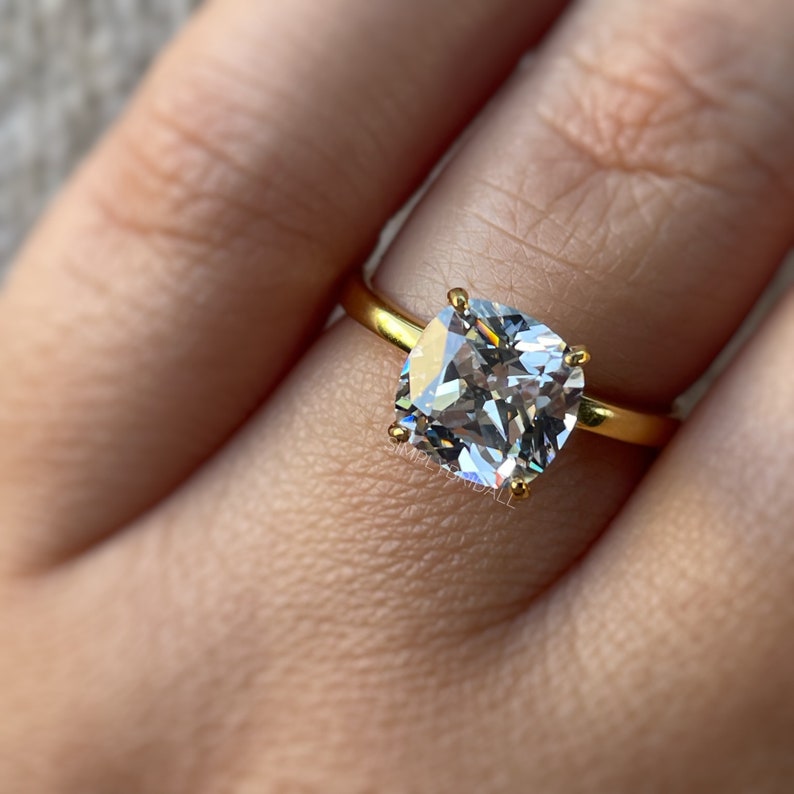 3.00ct Cushion Cut Moissanite Engagement Ring, Cushion Cut Moissanite, Solitaire Ring, Sterling Silver with Vermeil
