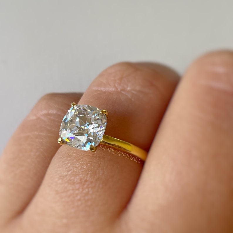 3.00ct Cushion Cut Moissanite Engagement Ring, Cushion Cut Moissanite, Solitaire Ring, Sterling Silver with Vermeil
