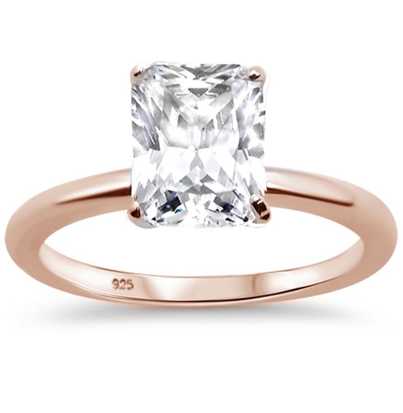 2.50ct Radiant Cut Moissanite Engagement Ring, Radiant Solitaire Ring, Moissanite, Sterling Silver, Gold, Rose Gold Vermeil