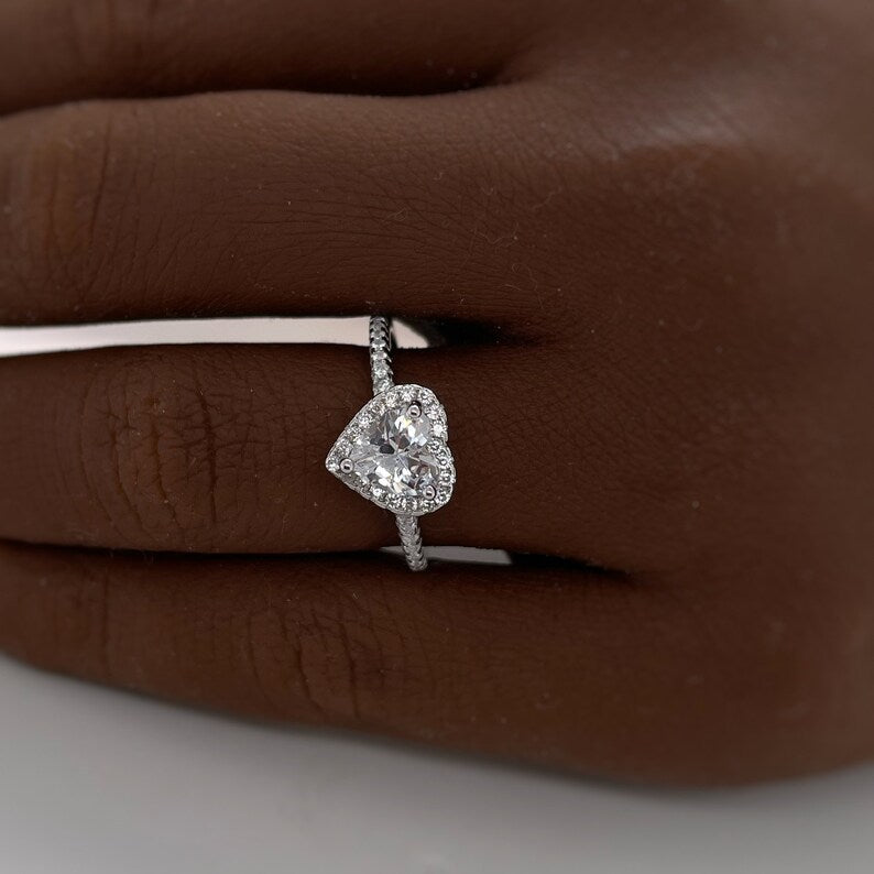 1.00ct Heart Diamond Engagement Ring, Heart Diamond Halo Engagement Ring, Promise Ring, Sterling Silver with Gold and Rose Gold Vermeil