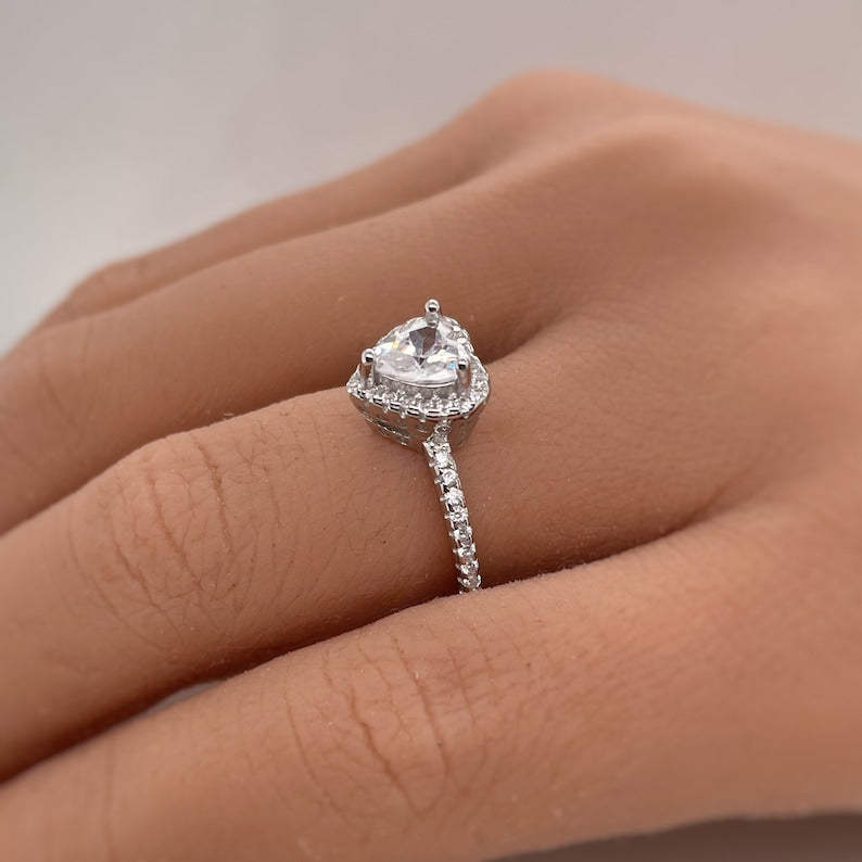 1.00ct Heart Diamond Engagement Ring, Heart Diamond Halo Engagement Ring, Promise Ring, Sterling Silver with Gold and Rose Gold Vermeil