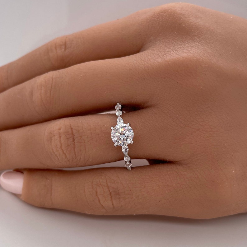 1.00ct 4 Prong Round Diamond Solitaire Ring, Art Deco Solitaire Ring Marquise Side Stones, Sterling Silver with Gold and Rose Gold Vermeil