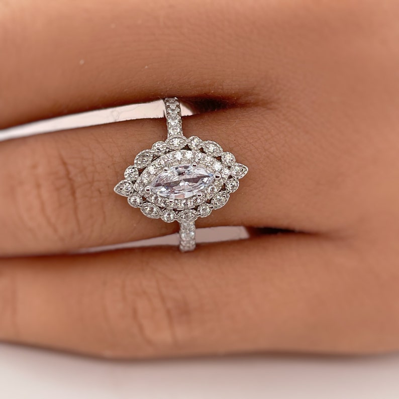 Marquise Art Deco Engagement Ring, Marquise Cluster Ring, Art Deco Proposal Ring, Wedding Ring, Promise Ring, Statement Ring