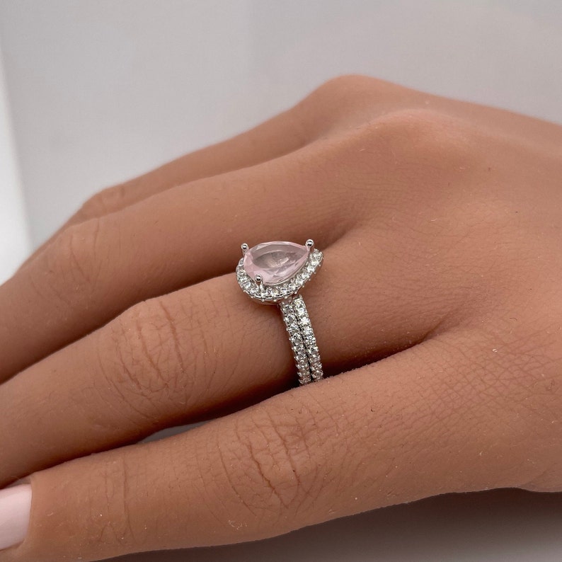 Pear Rose Quartz Engagement Ring Set, Rose Quartz Teardrop Halo Ring, Proposal Ring, Bridal Ring Set, Sterling Silver, Natural Rose Quartz