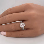 Load image into Gallery viewer, Pear Rose Quartz Engagement Ring Set, Rose Quartz Teardrop Halo Ring, Proposal Ring, Bridal Ring Set, Sterling Silver, Natural Rose Quartz
