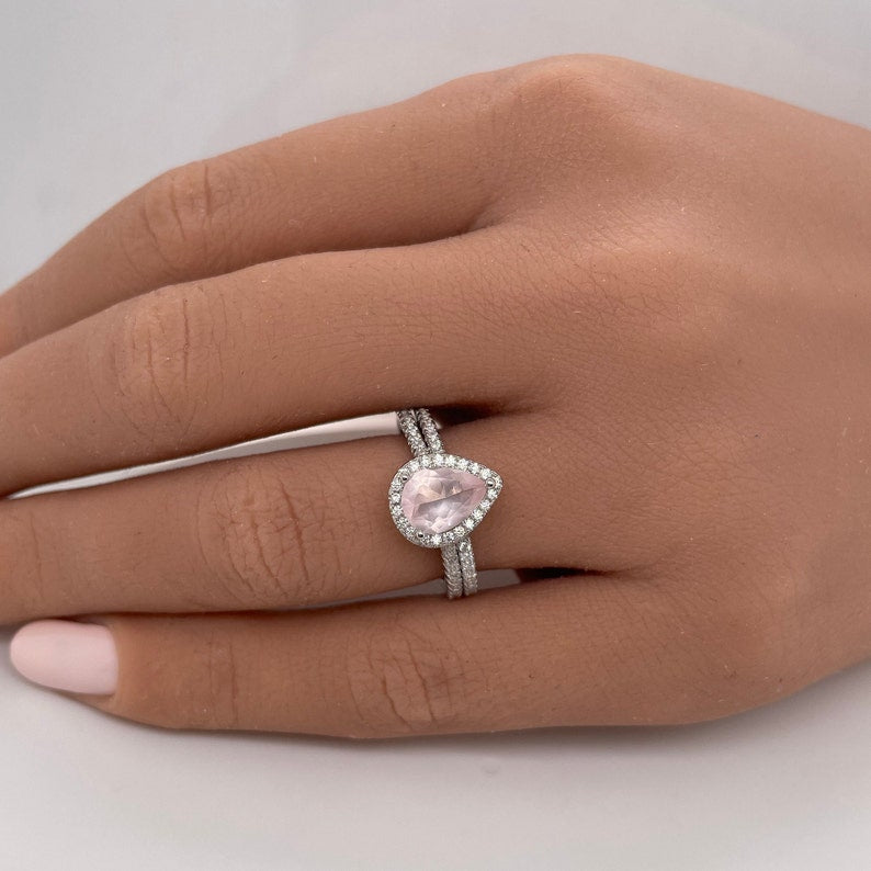 Pear Rose Quartz Engagement Ring Set, Rose Quartz Teardrop Halo Ring, Proposal Ring, Bridal Ring Set, Sterling Silver, Natural Rose Quartz