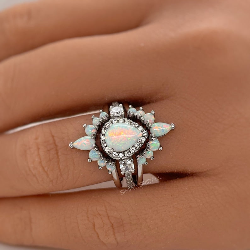 Opal Engagement Ring Set, 3 Ring Set Art Deco Fitted Opal Ring Set, Opal Bridal Set, Wedding Ring Opal Band, Bridal Set