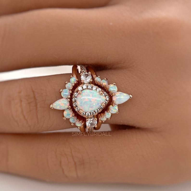 Opal Engagement Ring Set, 3 Ring Set Art Deco Fitted Opal Ring Set, Opal Bridal Set, Wedding Ring Opal Band, Bridal Set