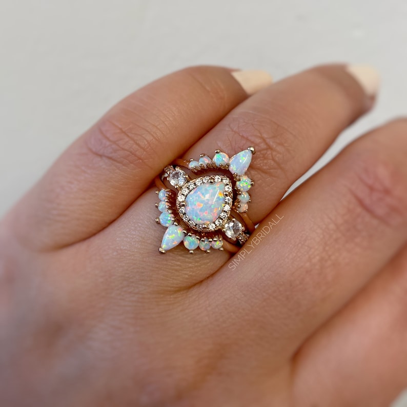 Opal Engagement Ring Set, 3 Ring Set Art Deco Fitted Opal Ring Set, Opal Bridal Set, Wedding Ring Opal Band, Bridal Set