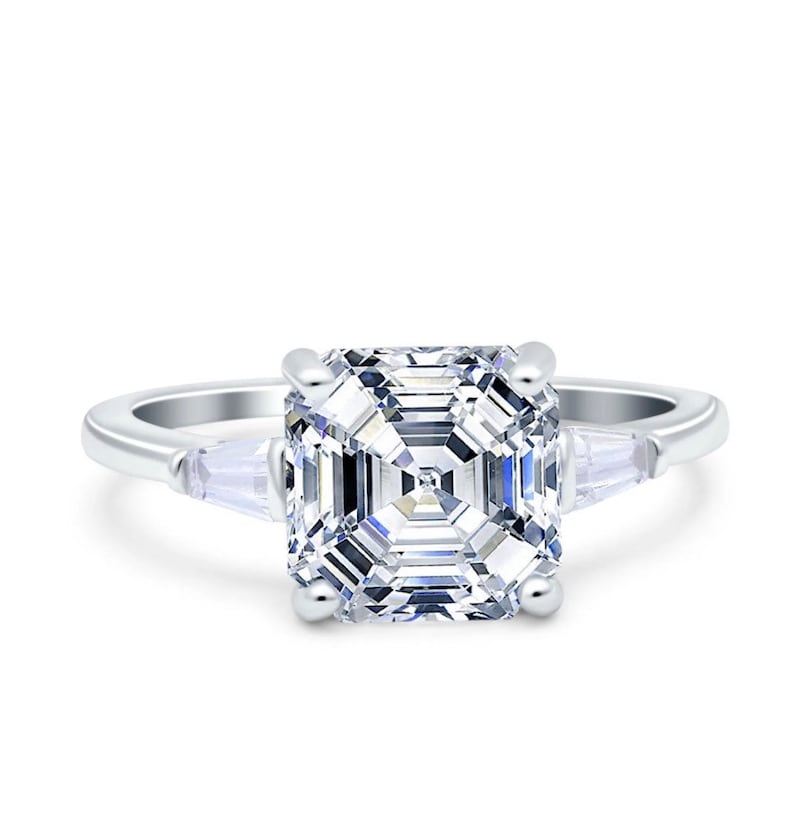 3.00ct Asscher Cut Solitaire, Art Deco Asscher Diamond with side Baguette, Engagement Ring, Proposal Ring, Bridal Ring, Simulated Diamond