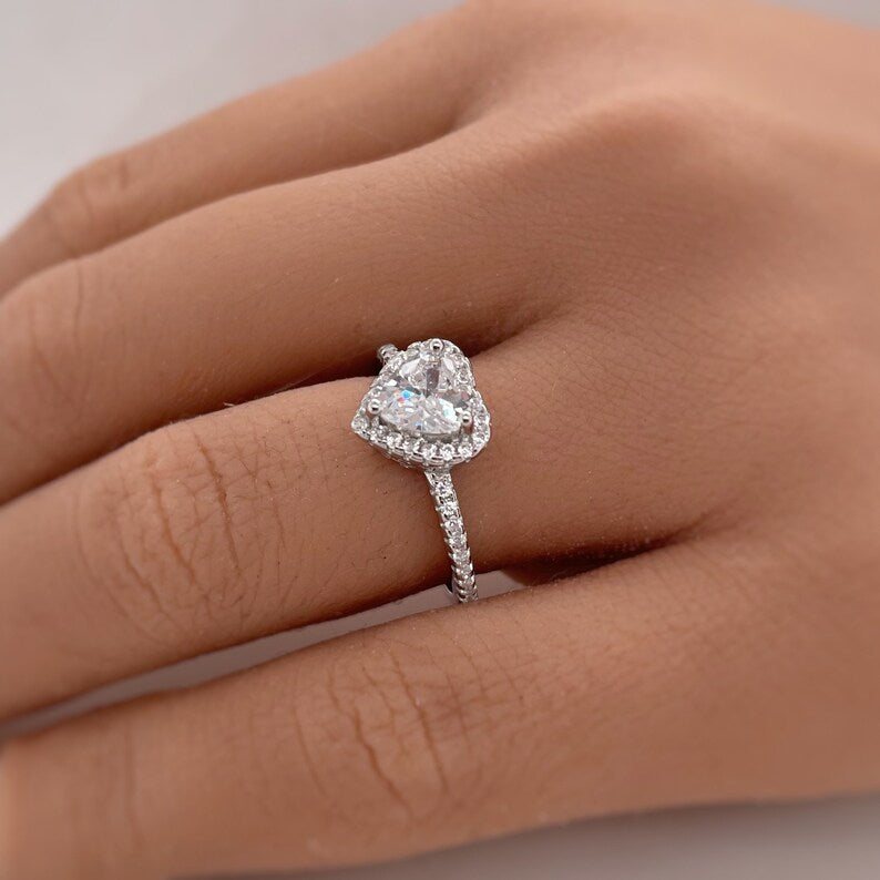 1.00ct Heart Diamond Engagement Ring, Heart Diamond Halo Engagement Ring, Promise Ring, Sterling Silver with Gold and Rose Gold Vermeil