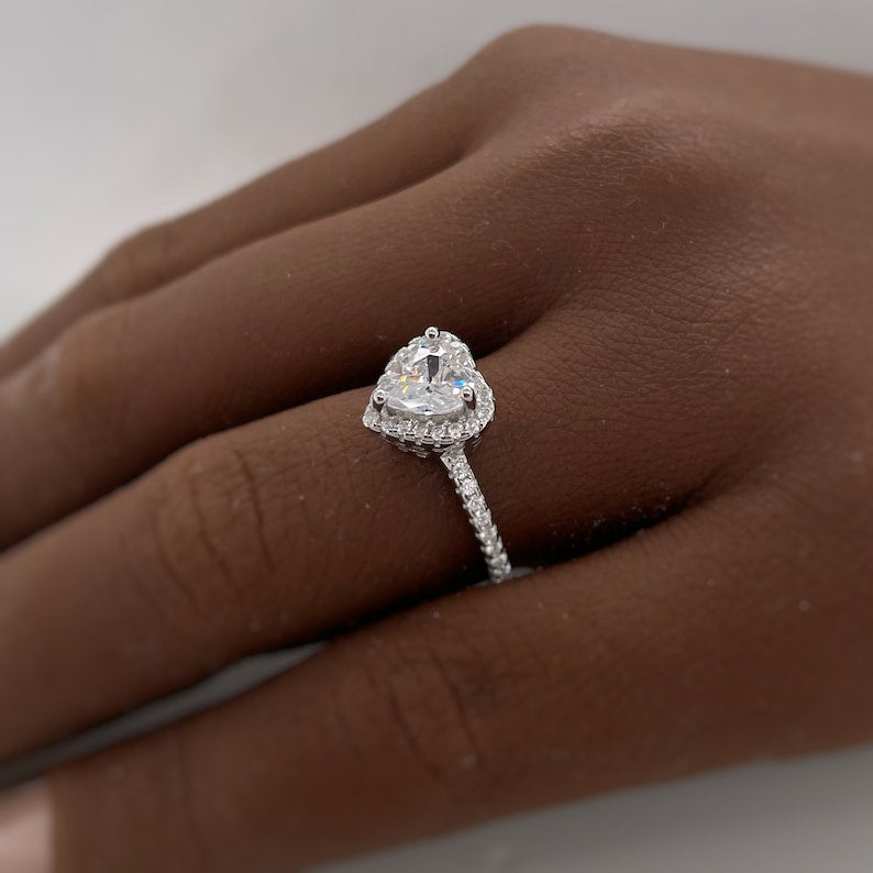 1.00ct Heart Diamond Engagement Ring, Heart Diamond Halo Engagement Ring, Promise Ring, Sterling Silver with Gold and Rose Gold Vermeil