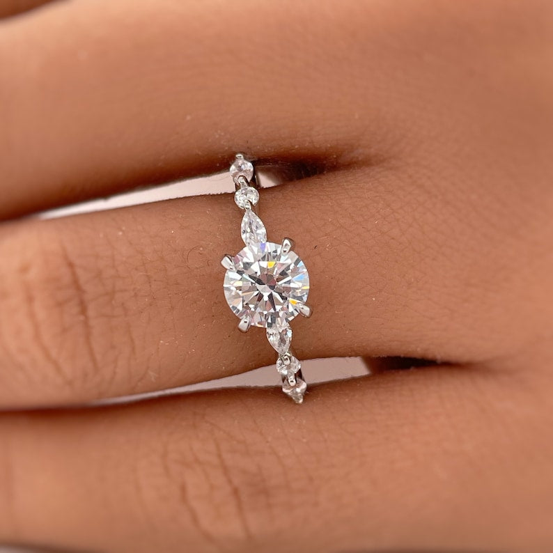 1.00ct 4 Prong Round Moissanite Solitaire Ring, Art Deco Solitaire Ring Marquise Side Stones, Sterling Silver with Gold / Rose Gold Vermeil