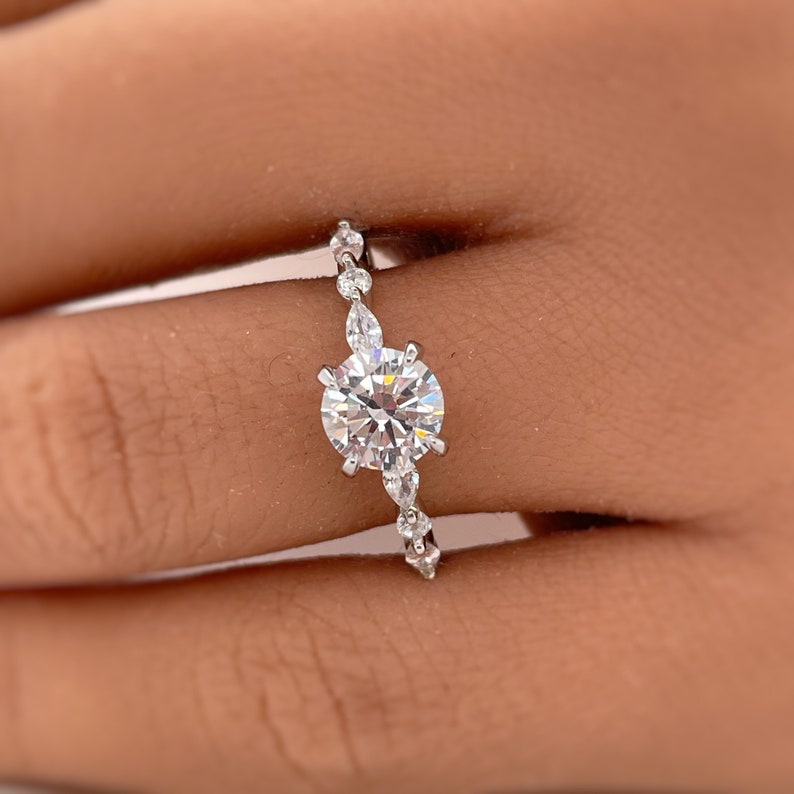 1.00ct 4 Prong Round Diamond Solitaire Ring, Art Deco Solitaire Ring Marquise Side Stones, Sterling Silver with Gold and Rose Gold Vermeil
