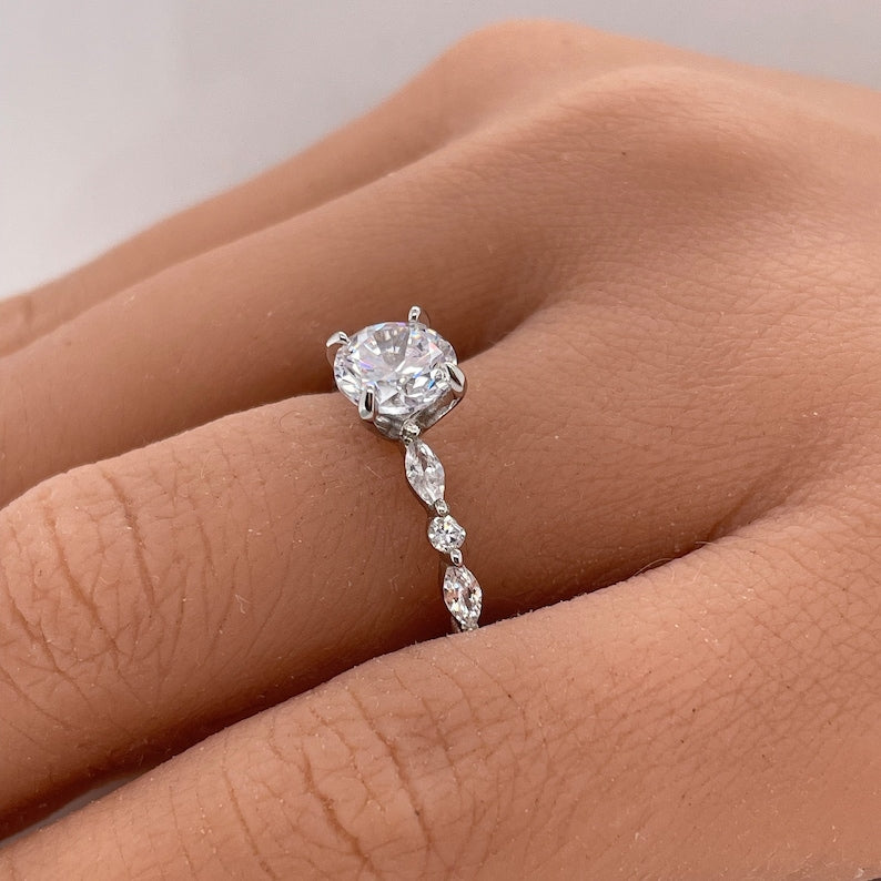 1.00ct 4 Prong Round Moissanite Solitaire Ring, Art Deco Solitaire Ring Marquise Side Stones, Sterling Silver with Gold / Rose Gold Vermeil