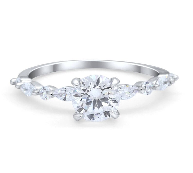 1.00ct 4 Prong Round Moissanite Solitaire Ring, Art Deco Solitaire Ring Marquise Side Stones, Sterling Silver with Gold / Rose Gold Vermeil