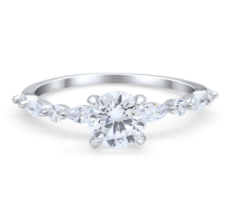 1.00ct 4 Prong Round Diamond Solitaire Ring, Art Deco Solitaire Ring Marquise Side Stones, Sterling Silver with Gold and Rose Gold Vermeil