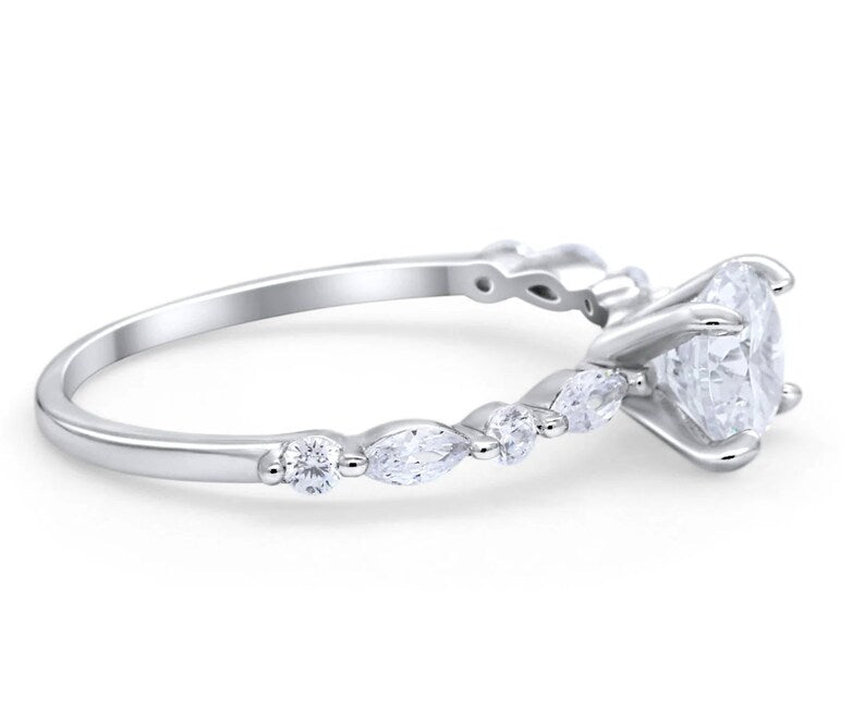 1.00ct 4 Prong Round Moissanite Solitaire Ring, Art Deco Solitaire Ring Marquise Side Stones, Sterling Silver with Gold / Rose Gold Vermeil