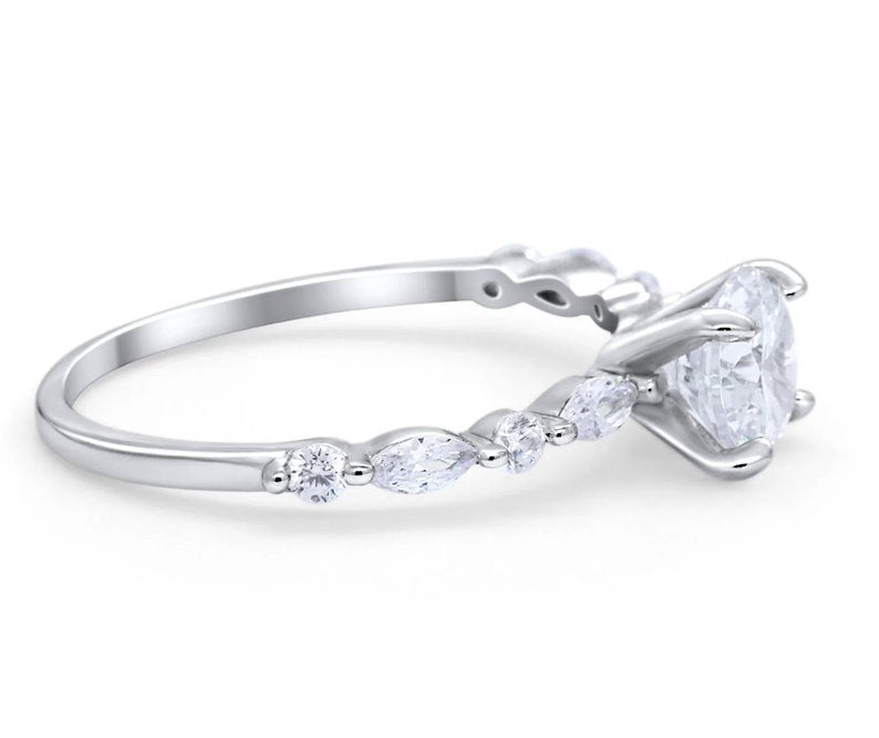 1.00ct 4 Prong Round Diamond Solitaire Ring, Art Deco Solitaire Ring Marquise Side Stones, Sterling Silver with Gold and Rose Gold Vermeil