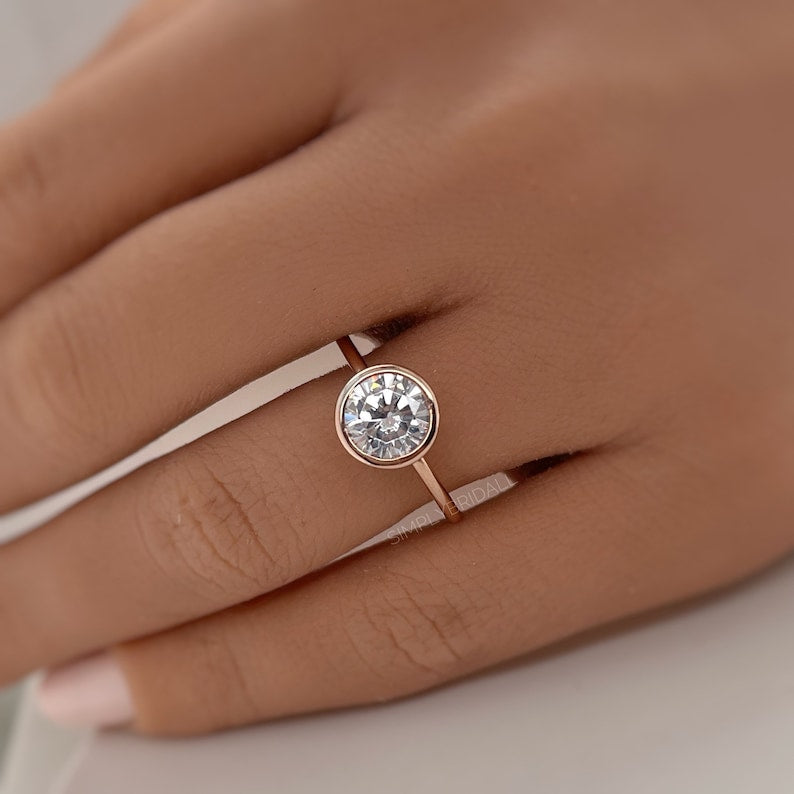 2.00ct Rose Gold Bezel Engagement Ring, Round Bezel Simulated Diamond Ring, Proposal Ring, Bridal Ring, Minimalist Engagement Ring,