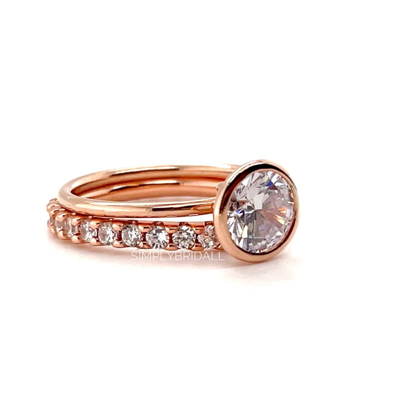2.00ct Bezel Engagement Ring Set, Round Bezel Simulated Diamond Ring, Proposal Set, Bridal Ring Set, Minimalist Ring Set, Wedding Set