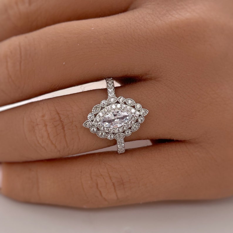Marquise Art Deco Engagement Ring, Marquise Cluster Ring, Art Deco Proposal Ring, Wedding Ring, Promise Ring, Statement Ring