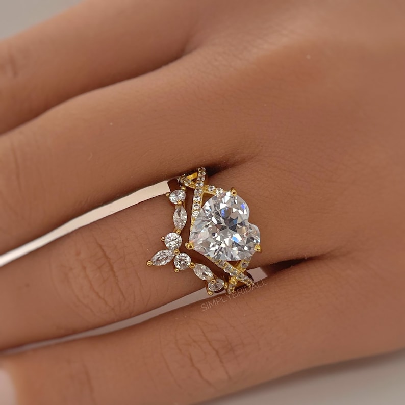 3.00ct Heart Engagement Ring Set, Infinity Heart Ring with Fitted Chevron Band , Heart Diamond Ring Set, Wedding Ring Set