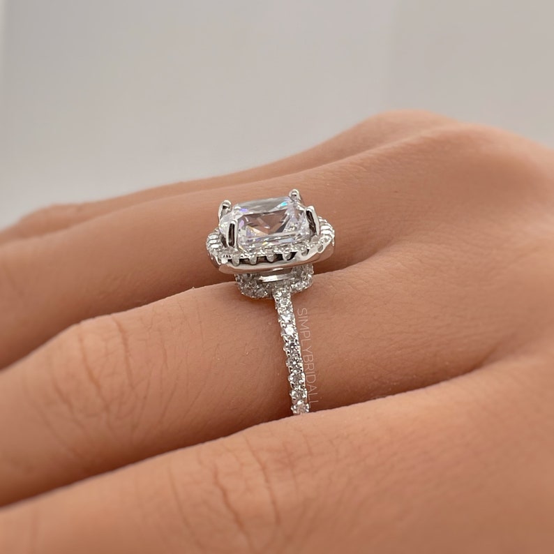 5.00ct Diamond Cushion Cut Engagement Ring, Cushion Halo Wedding Ring, Cushion Simulated Diamond Ring, Sterling Silver with Vermeil