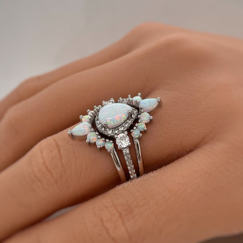 Opal Engagement Ring Set, 3 Ring Set Art Deco Fitted Opal Ring Set, Opal Bridal Set, Wedding Ring Opal Band, Bridal Set