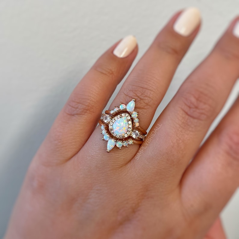 Opal Engagement Ring Set, 3 Ring Set Art Deco Fitted Opal Ring Set, Opal Bridal Set, Wedding Ring Opal Band, Bridal Set