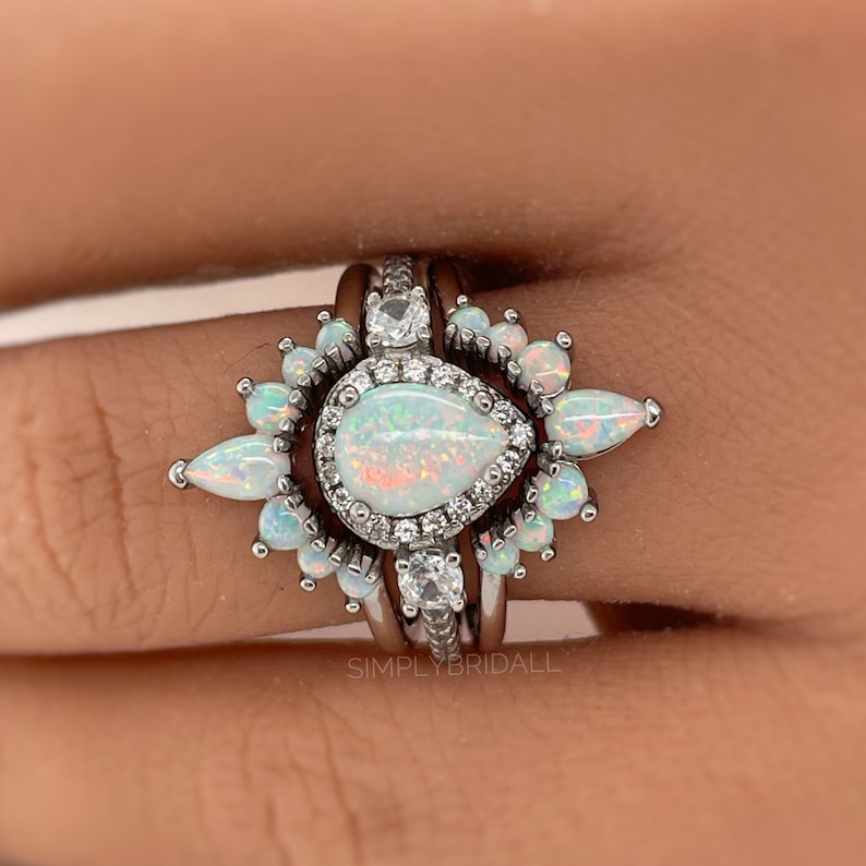 Opal Engagement Ring Set, 3 Ring Set Art Deco Fitted Opal Ring Set, Opal Bridal Set, Wedding Ring Opal Band, Bridal Set