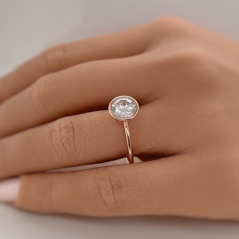 2.00ct Rose Gold Bezel Engagement Ring, Round Bezel Simulated Diamond Ring, Proposal Ring, Bridal Ring, Minimalist Engagement Ring,