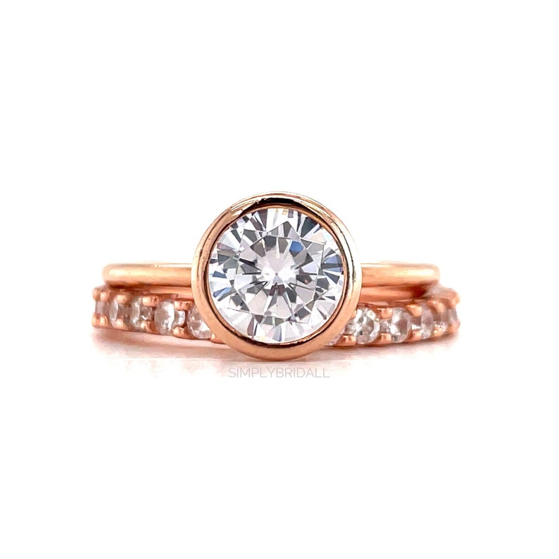 2.00ct Bezel Engagement Ring Set, Round Bezel Simulated Diamond Ring, Proposal Set, Bridal Ring Set, Minimalist Ring Set, Wedding Set