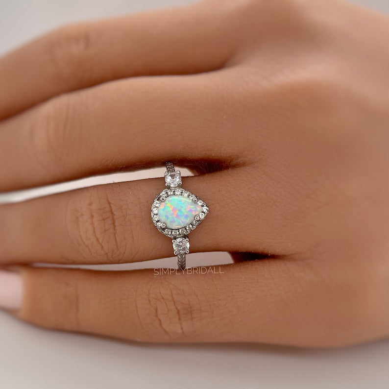 Opal Halo Engagement Ring Art Deco Engagement Ring Opal Wedding Ring Pear Opal Diamond Ring Pear Opal Halo Engagement Promise Minimalist