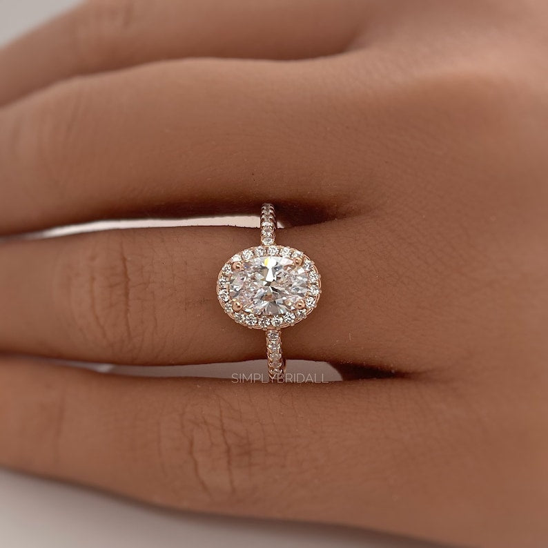 1.00ct Oval Engagement Ring, Oval Diamond Halo Wedding Ring, Sterling Silver, Classic Engagement Ring, Simple Dainty Oval Engagement Ring