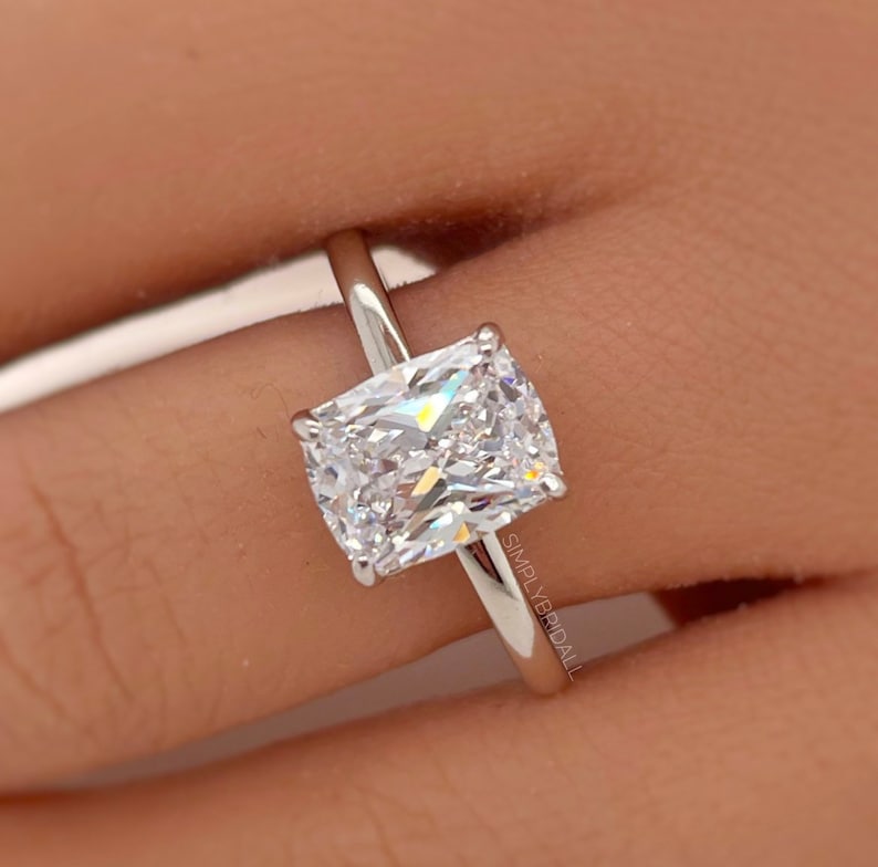 2.50 Elongated Cushion Cut Moissanite Engagement Ring, Solitaire Long Cushion Cut Moissanite Ring, Sterling Silver with Vermeil
