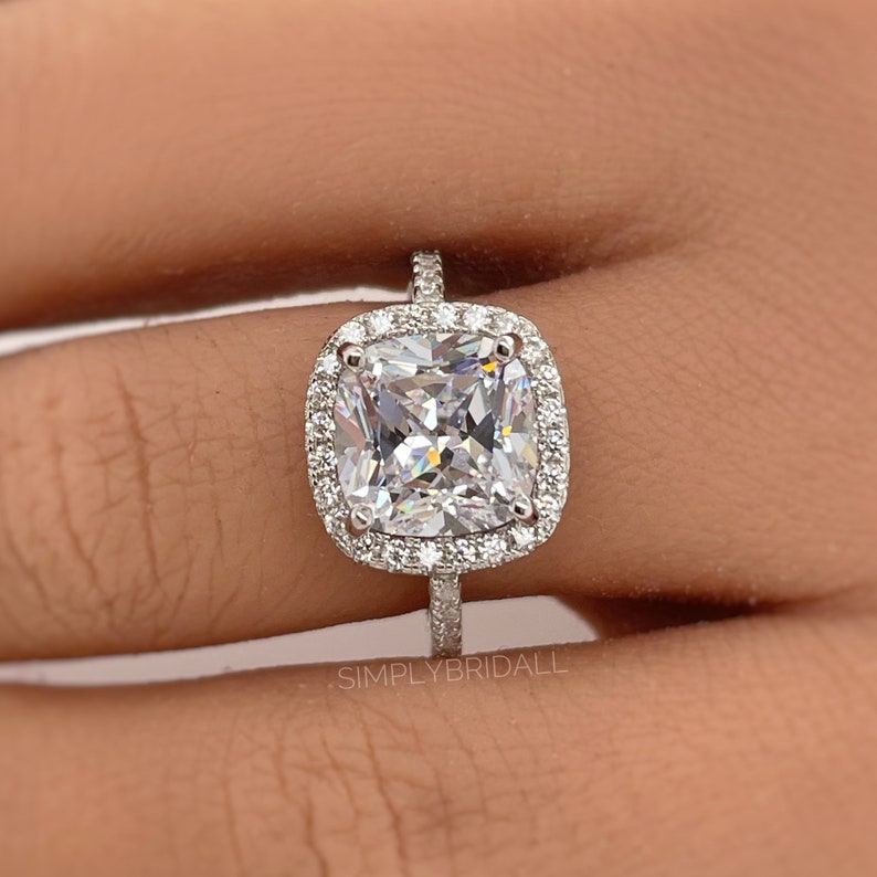 5.00ct Diamond Cushion Cut Engagement Ring, Cushion Halo Wedding Ring, Cushion Simulated Diamond Ring, Sterling Silver with Vermeil