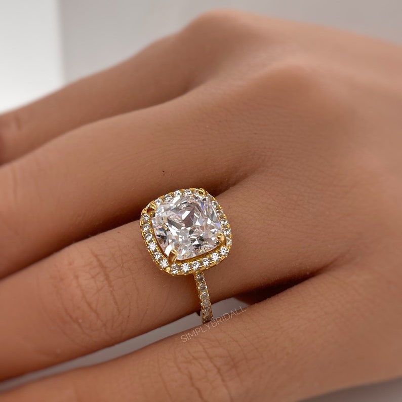 5.00ct Diamond Cushion Cut Engagement Ring, Cushion Halo Wedding Ring, Cushion Simulated Diamond Ring, Sterling Silver with Vermeil