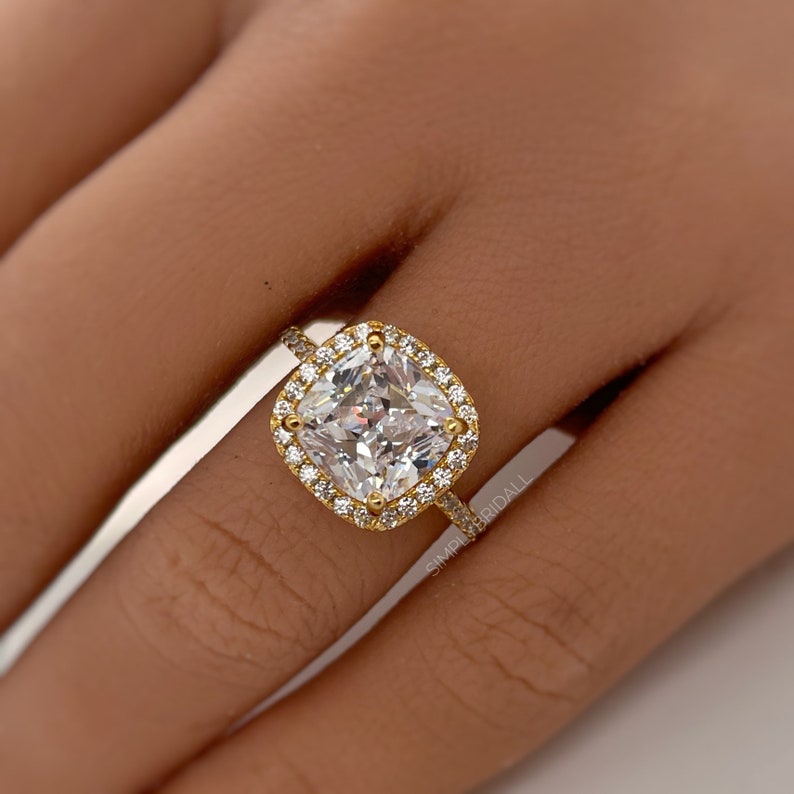 5.00ct Diamond Cushion Cut Engagement Ring, Cushion Halo Wedding Ring, Cushion Simulated Diamond Ring, Sterling Silver with Vermeil