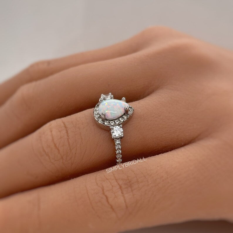 Opal Halo Engagement Ring Art Deco Engagement Ring Opal Wedding Ring Pear Opal Diamond Ring Pear Opal Halo Engagement Promise Minimalist