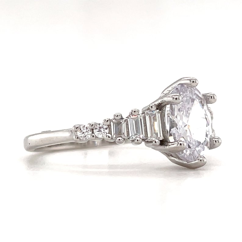 Oval Moissanite Art Deco Engagement Ring, Oval & Baguette Engagement Ring, Art Deco Ring, Sterling Silver, 14k, Moissanite, Bridal Ring