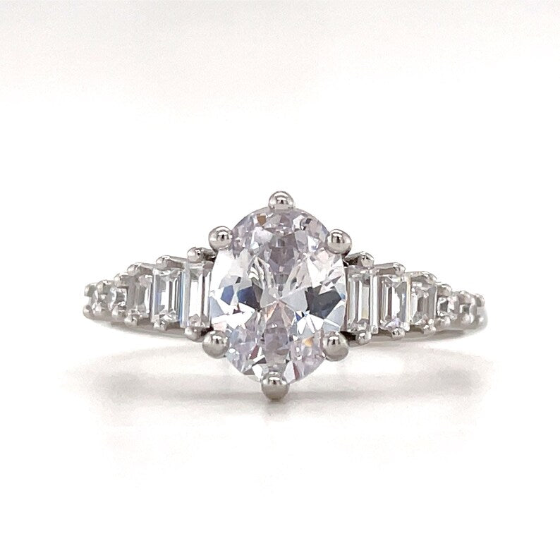 Oval Moissanite Art Deco Engagement Ring, Oval & Baguette Engagement Ring, Art Deco Ring, Sterling Silver, 14k, Moissanite, Bridal Ring