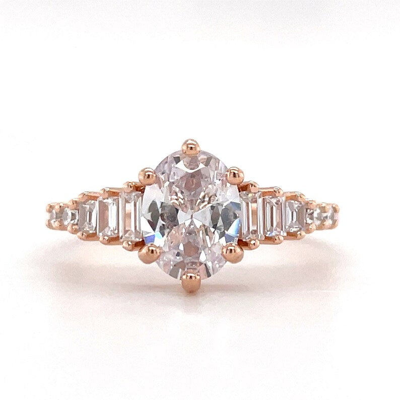 Oval Moissanite Art Deco Engagement Ring, Oval & Baguette Engagement Ring, Art Deco Ring, Sterling Silver, 14k, Moissanite, Bridal Ring