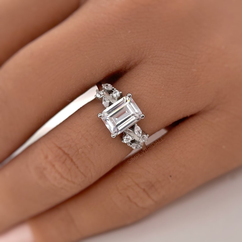 Emerald Cut Engagement Ring, Emerald Cut Art Deco Ring, Emerald Cut Leaf Band Bridal Ring, Sterling Silver, Simulate Diamonds, Proposal Ring